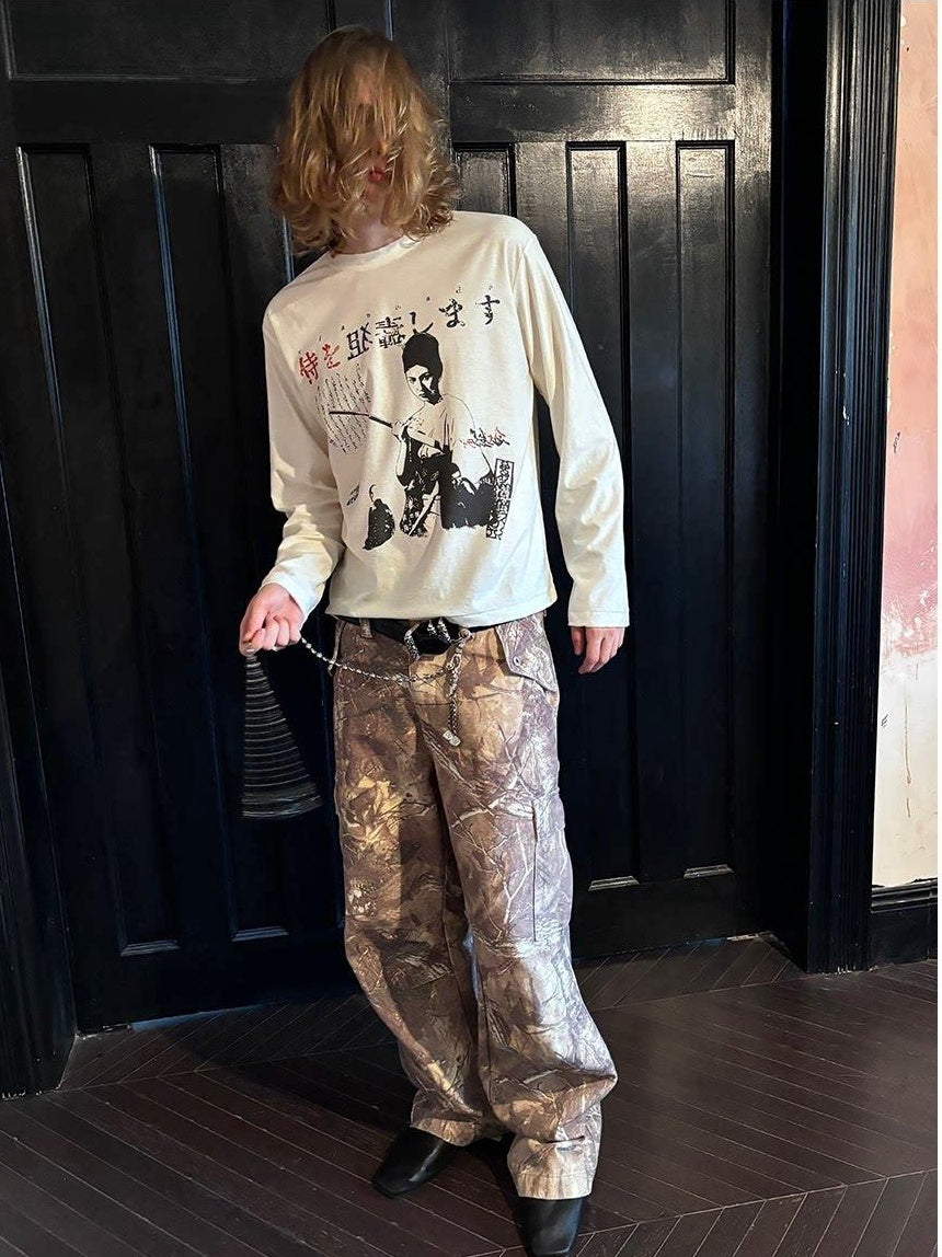VLABMADE Distressed Loose Midrise Zipper Pocket Cotton Brown Camo Classic Cargo Pants