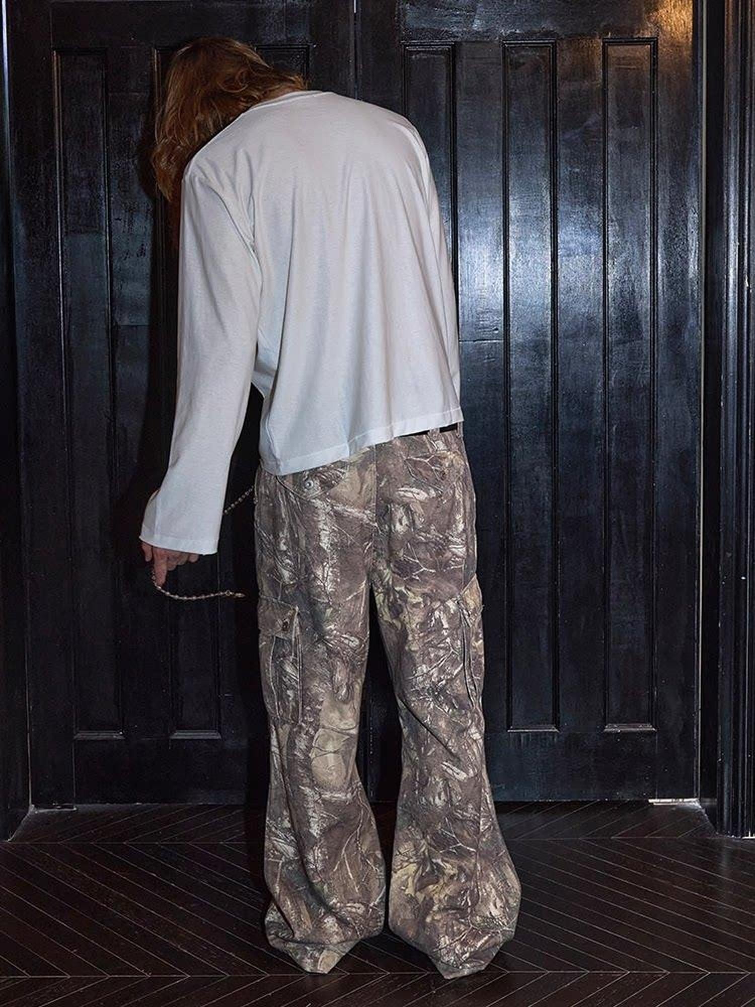 VLABMADE Distressed Loose Midrise Zipper Pocket Cotton Brown Camo Classic Cargo Pants