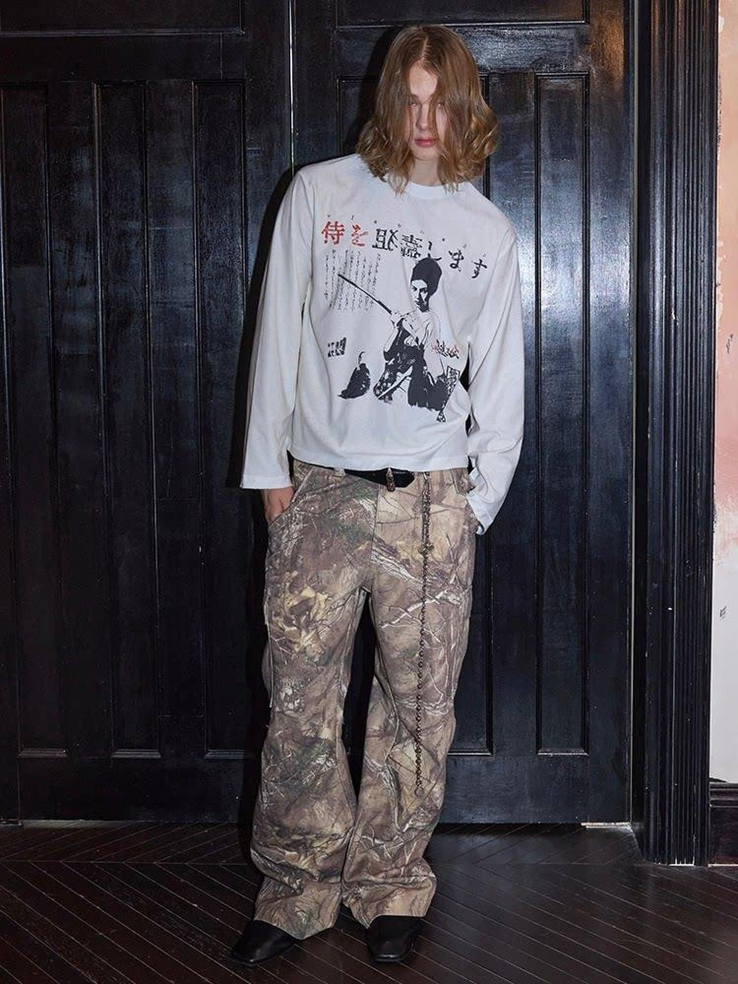 VLABMADE Distressed Loose Midrise Zipper Pocket Cotton Brown Camo Classic Cargo Pants