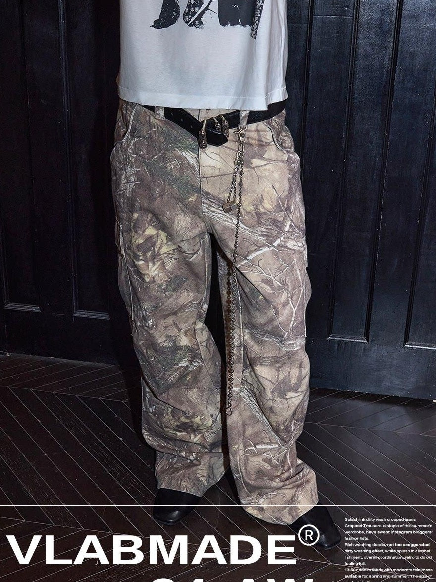 VLABMADE Distressed Loose Midrise Zipper Pocket Cotton Brown Camo Classic Cargo Pants