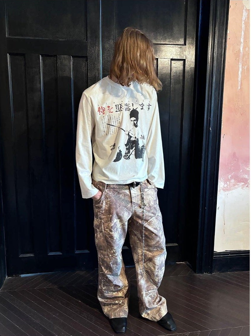 VLABMADE Distressed Loose Midrise Zipper Pocket Cotton Brown Camo Classic Cargo Pants