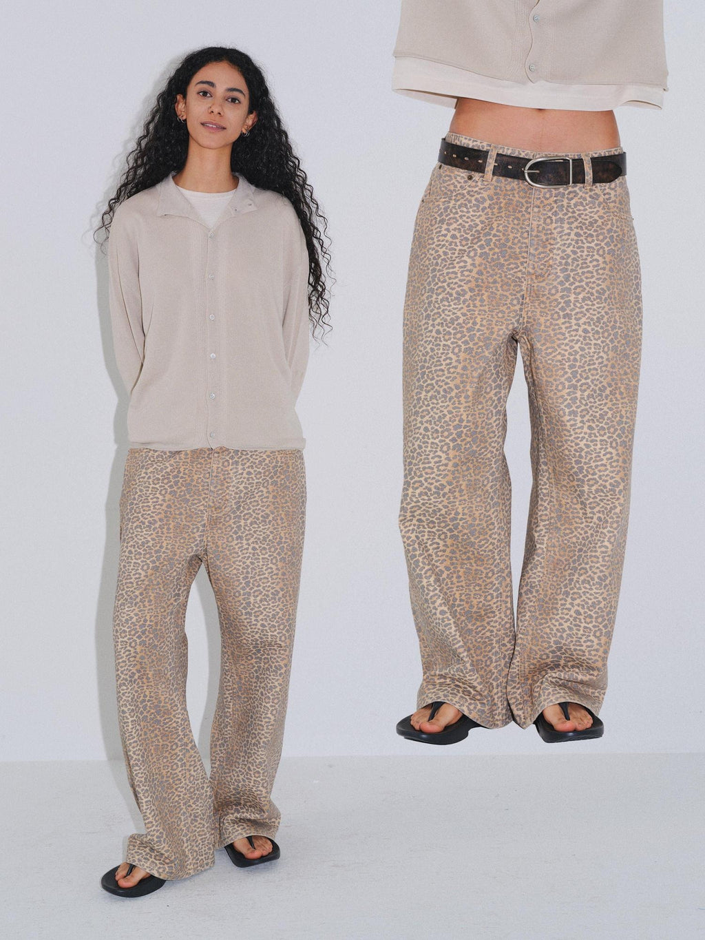 VLABMADE Distressed Mid Rise Leopard Print Unisex Durable Denim Wide-Leg Jeans