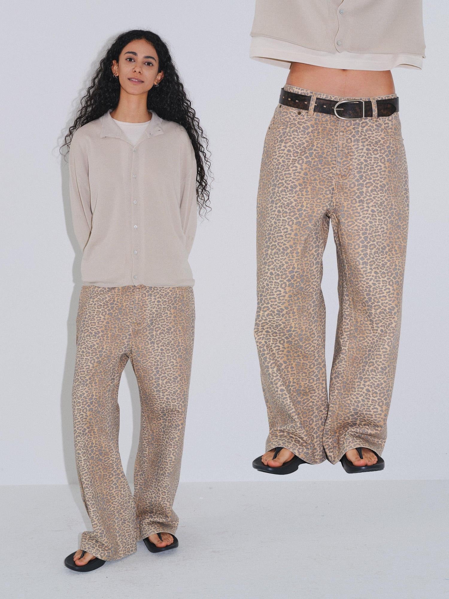 VLABMADE Distressed Mid Rise Leopard Print Unisex Durable Denim Wide-Leg Jeans