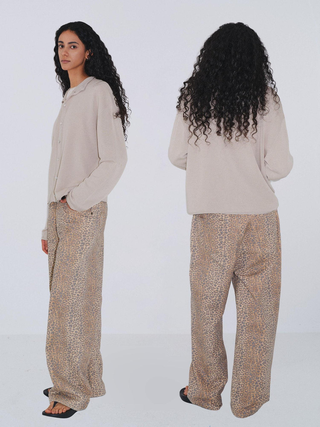 VLABMADE Distressed Mid Rise Leopard Print Unisex Durable Denim Wide-Leg Jeans
