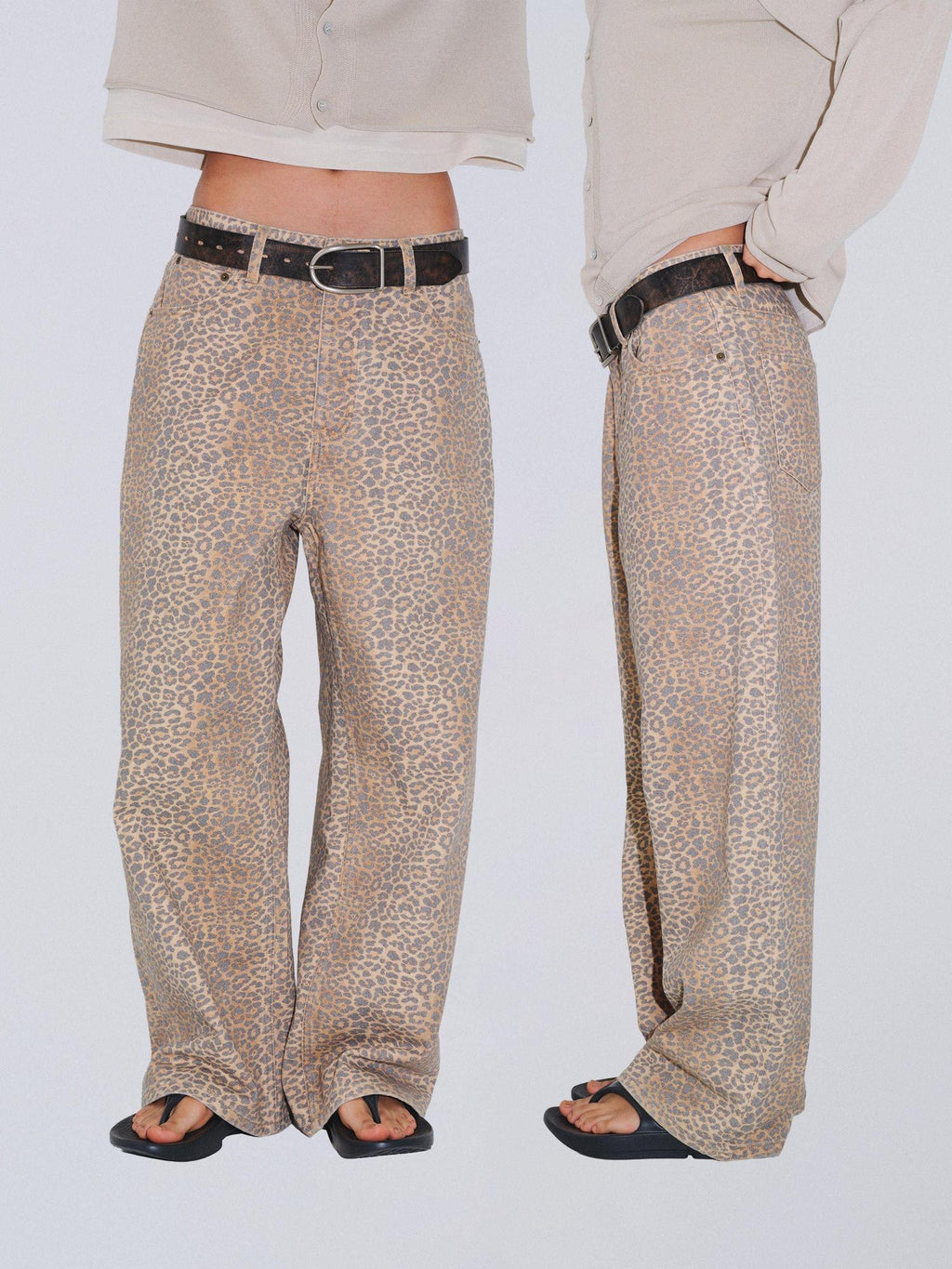 VLABMADE Distressed Mid Rise Leopard Print Unisex Durable Denim Wide-Leg Jeans