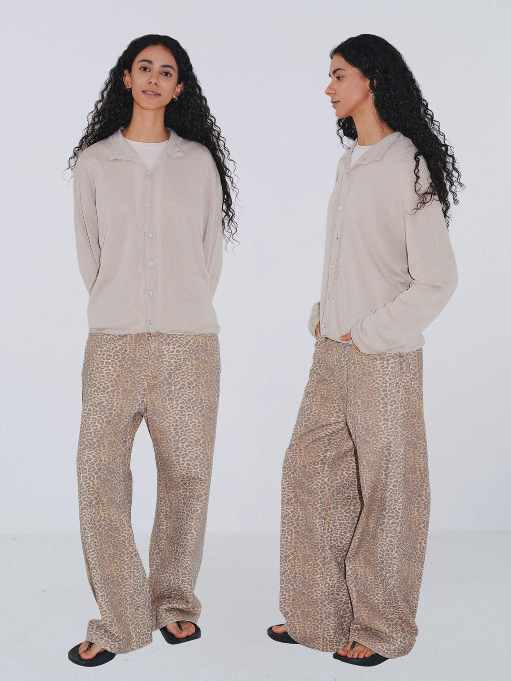 VLABMADE Distressed Mid Rise Leopard Print Unisex Durable Denim Wide-Leg Jeans