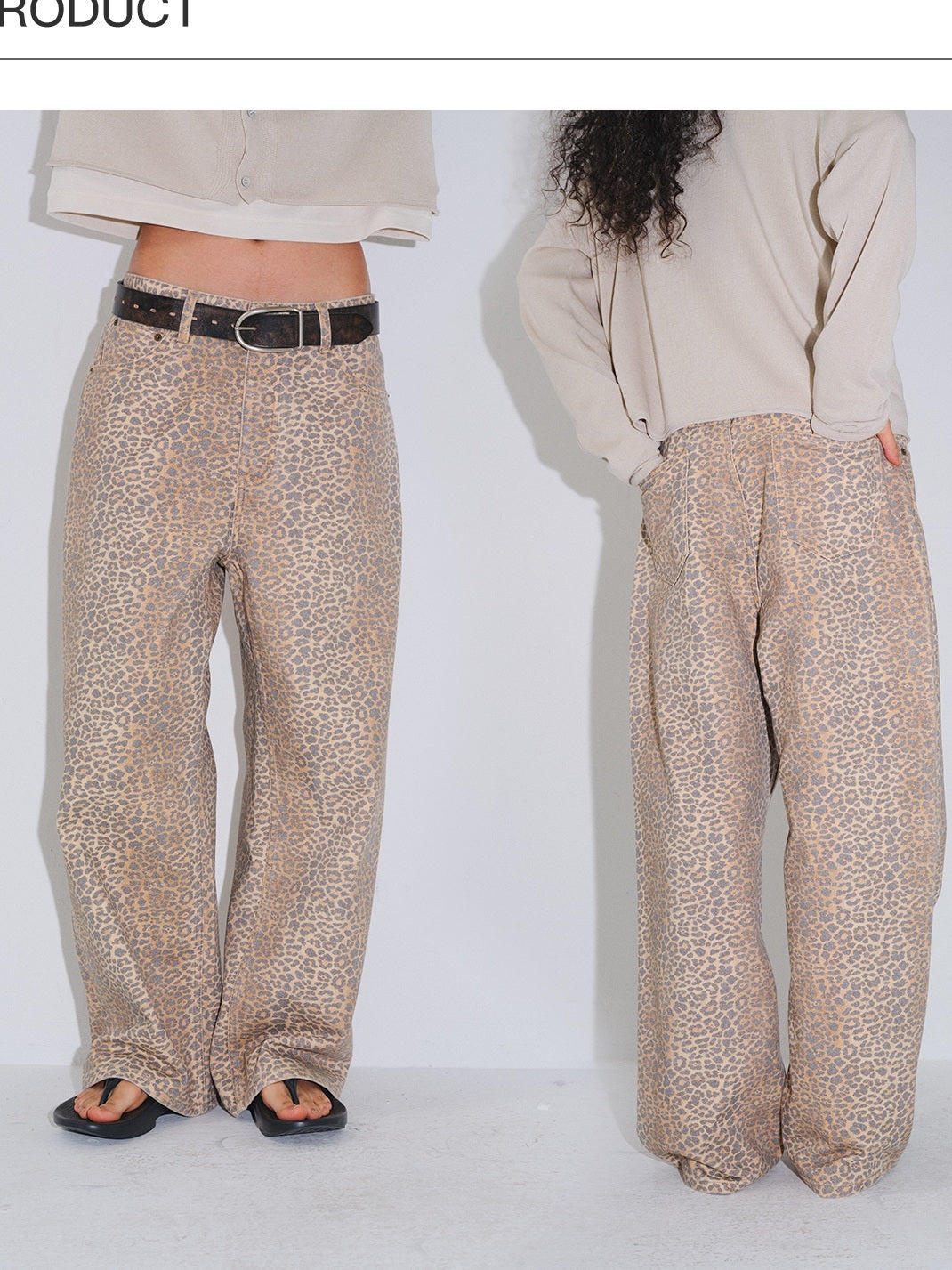 VLABMADE Distressed Mid Rise Leopard Print Unisex Durable Denim Wide-Leg Jeans