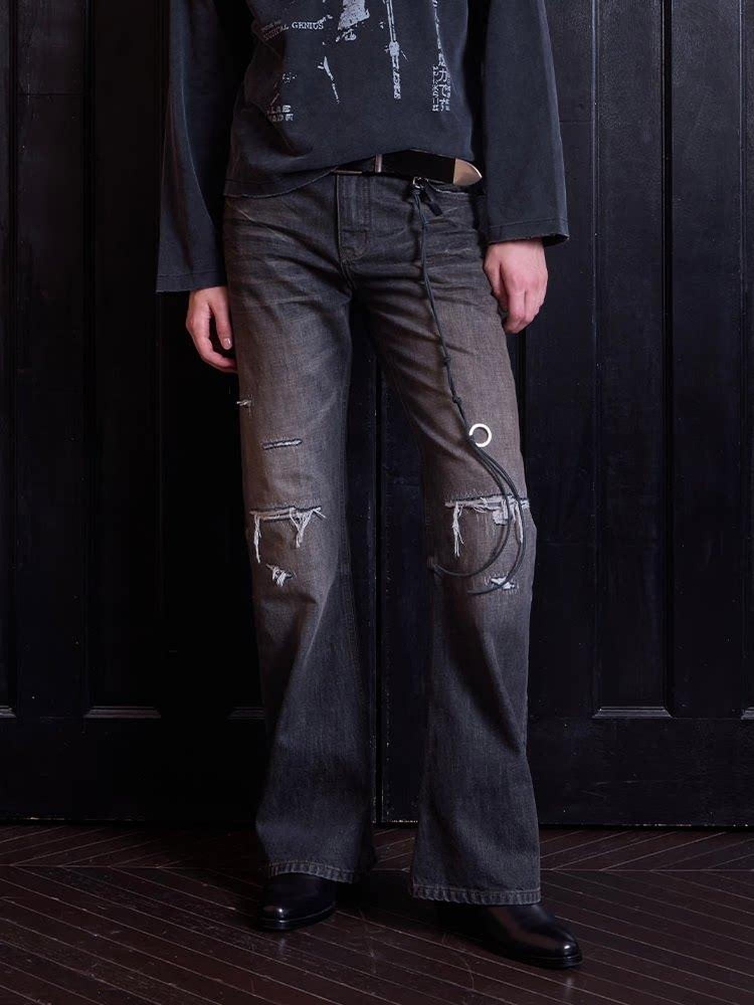 VLABMADE Distressed Mid Rise Washed Fitted Flare Casual Teen Black Flared Jeans