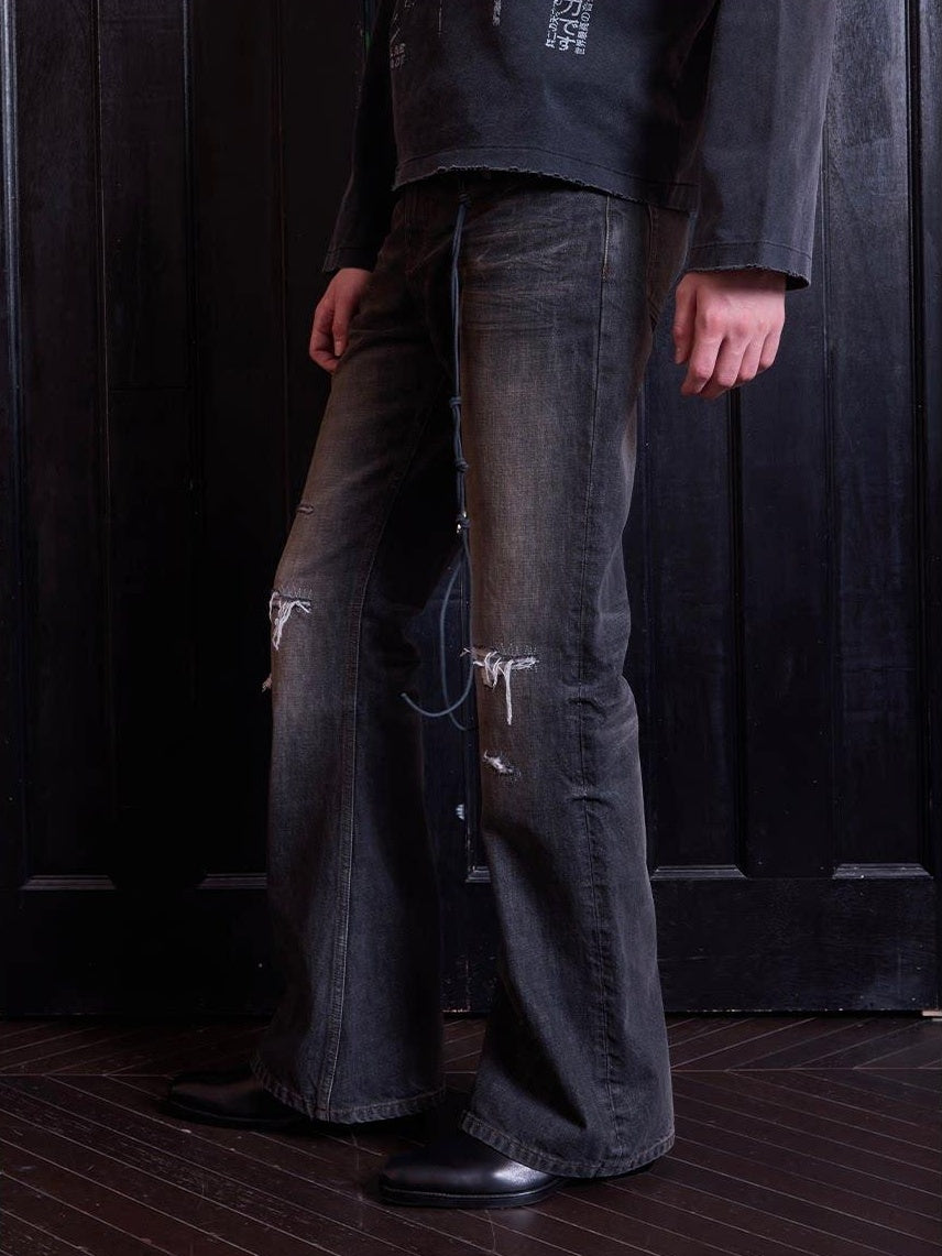 VLABMADE Distressed Mid Rise Washed Fitted Flare Casual Teen Black Flared Jeans