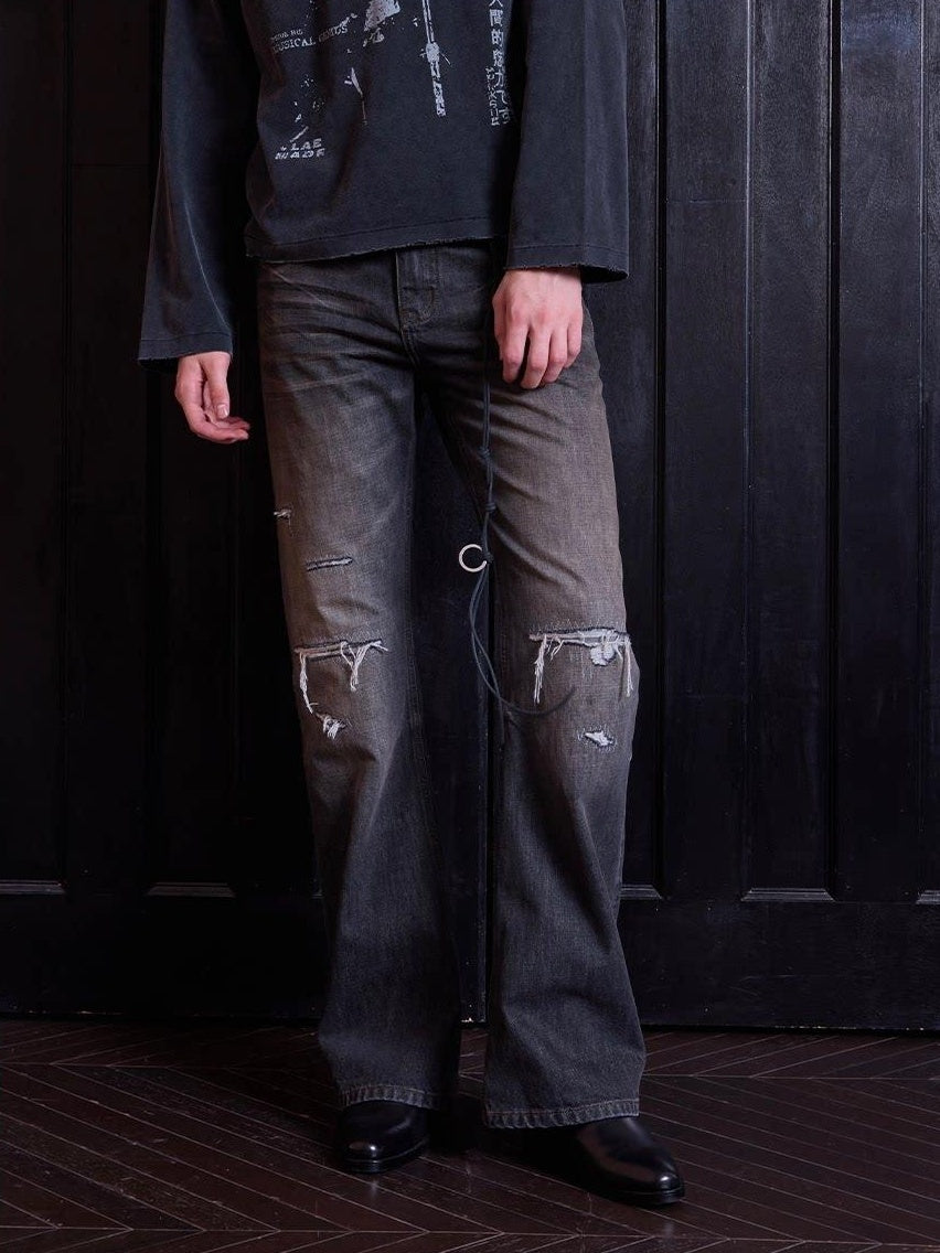 VLABMADE Distressed Mid Rise Washed Fitted Flare Casual Teen Black Flared Jeans