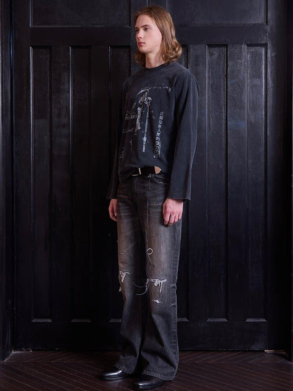 VLABMADE Distressed Mid Rise Washed Fitted Flare Casual Teen Black Flared Jeans