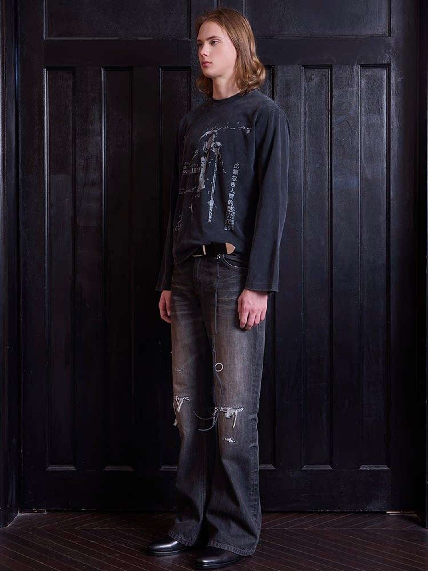 VLABMADE Distressed Mid Rise Washed Fitted Flare Casual Teen Black Flared Jeans