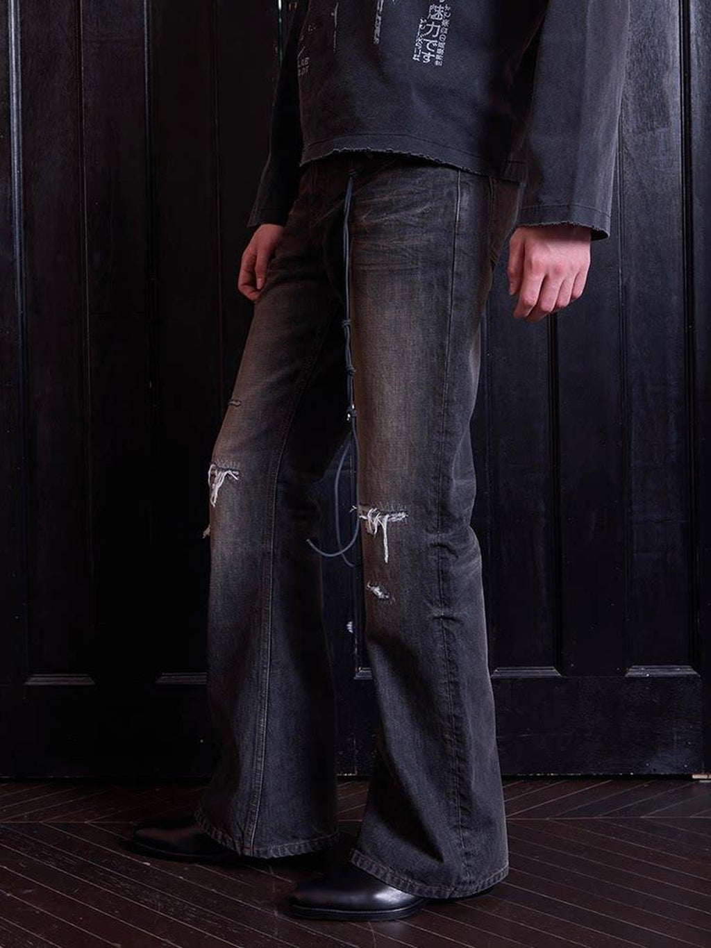 VLABMADE Distressed Mid Rise Washed Fitted Flare Casual Teen Black Flared Jeans