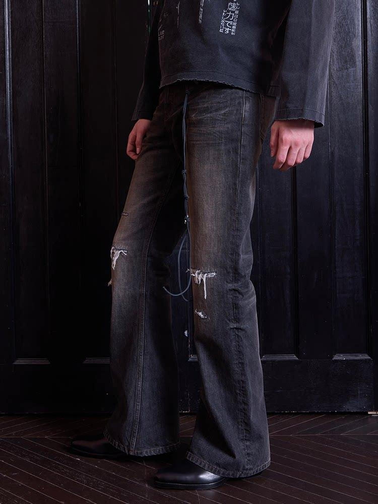 VLABMADE Distressed Mid Rise Washed Fitted Flare Casual Teen Black Flared Jeans
