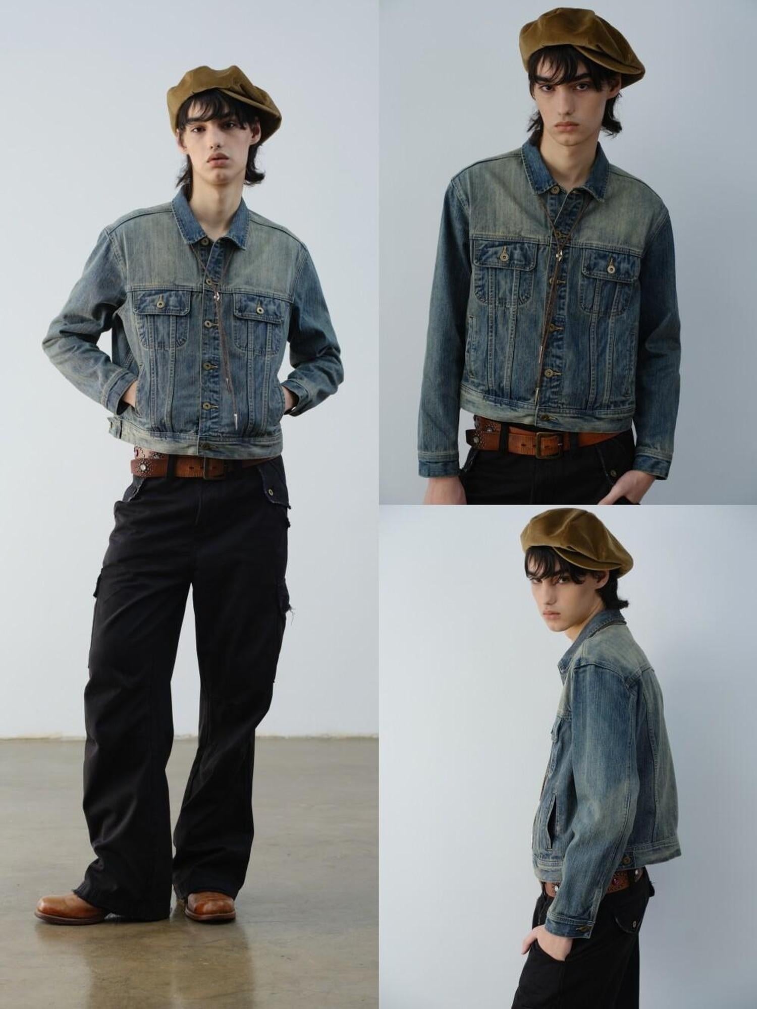 VLABMADE Durable 100 Percent Cotton Ribbed Hem Cropped Retro Mens Casual Trucker Jackets