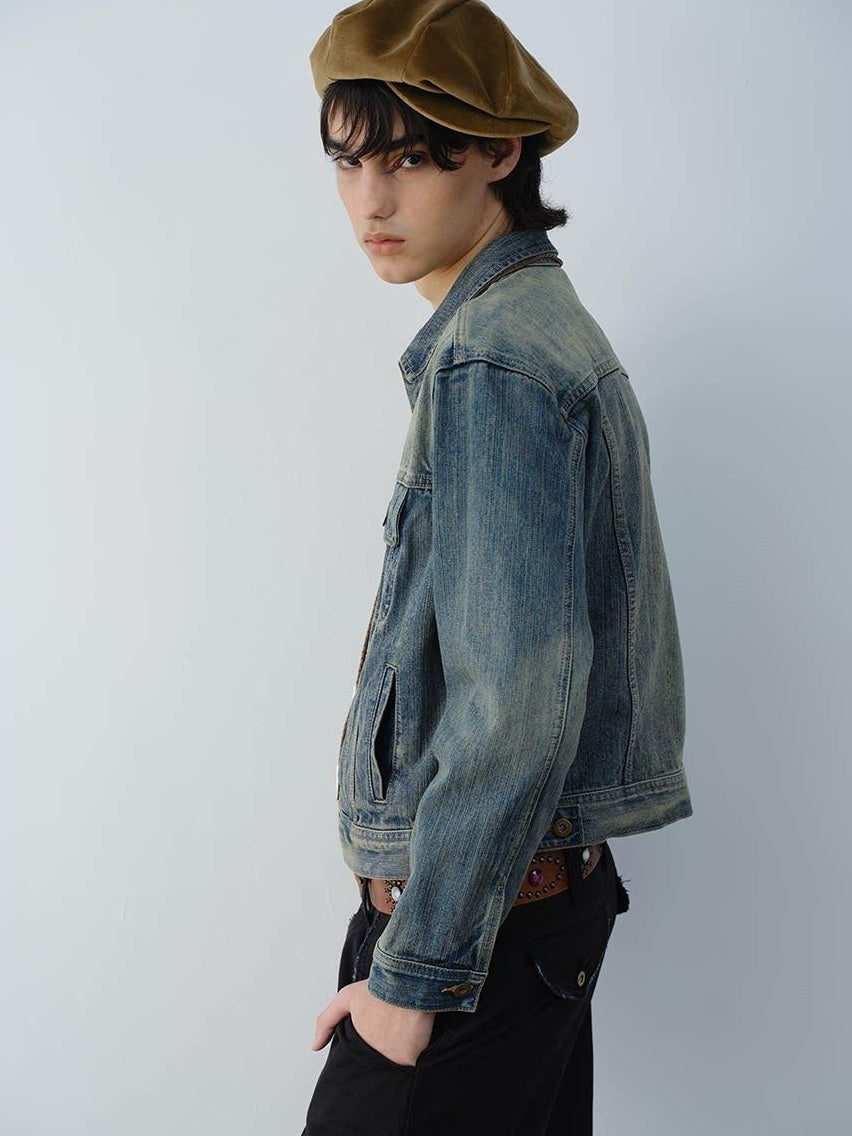 VLABMADE Durable 100 Percent Cotton Ribbed Hem Cropped Retro Mens Casual Trucker Jackets
