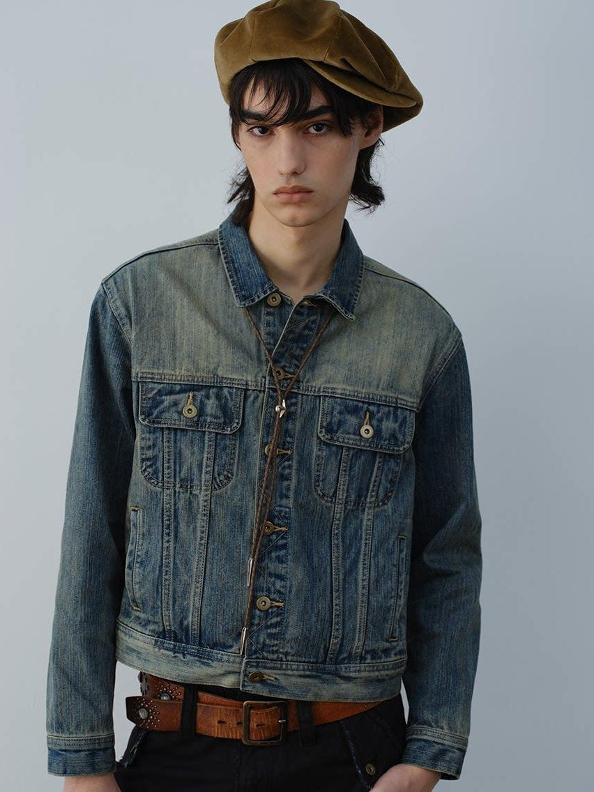VLABMADE Durable 100 Percent Cotton Ribbed Hem Cropped Retro Mens Casual Trucker Jackets