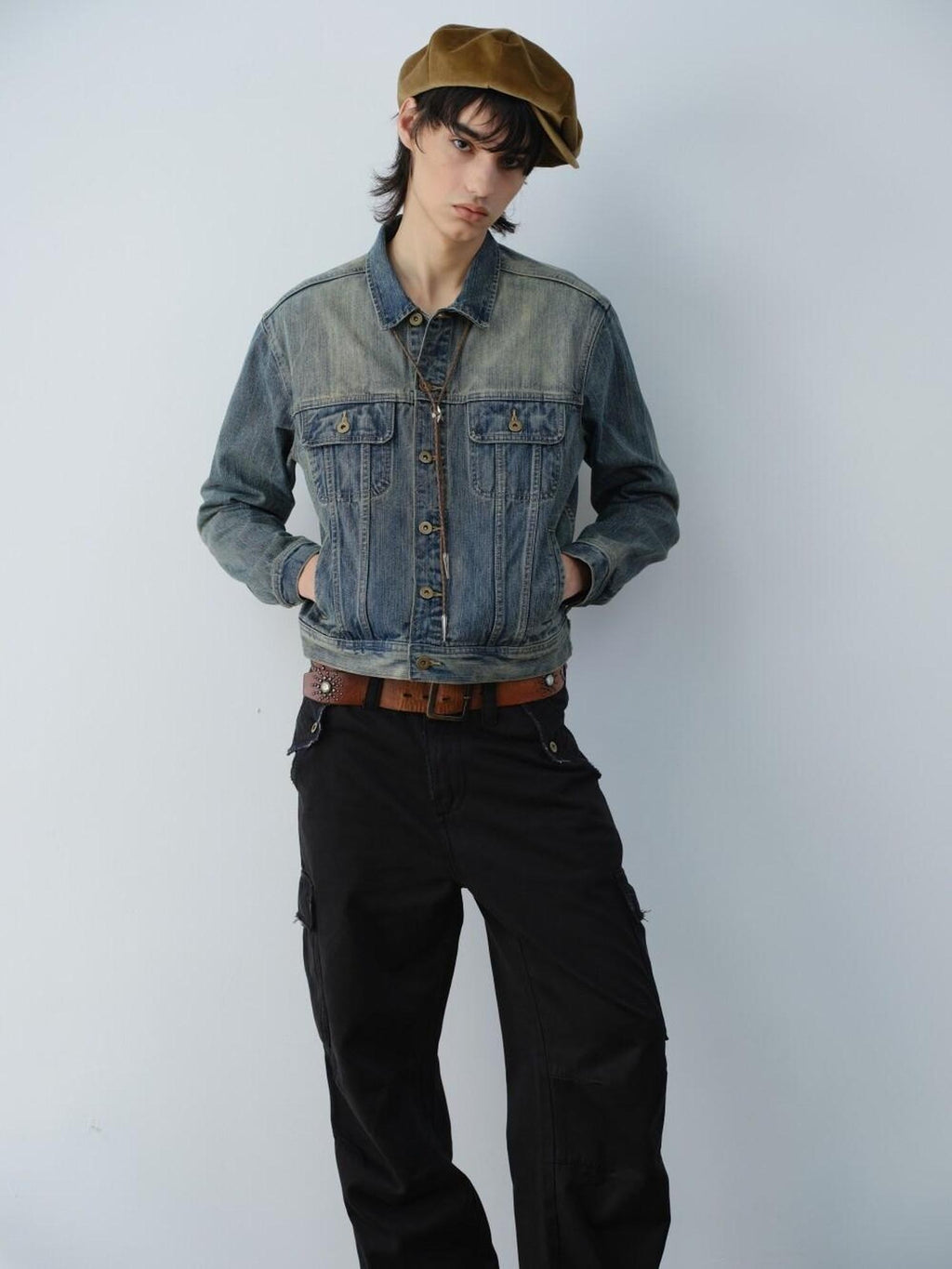 VLABMADE Durable 100 Percent Cotton Ribbed Hem Cropped Retro Mens Casual Trucker Jackets