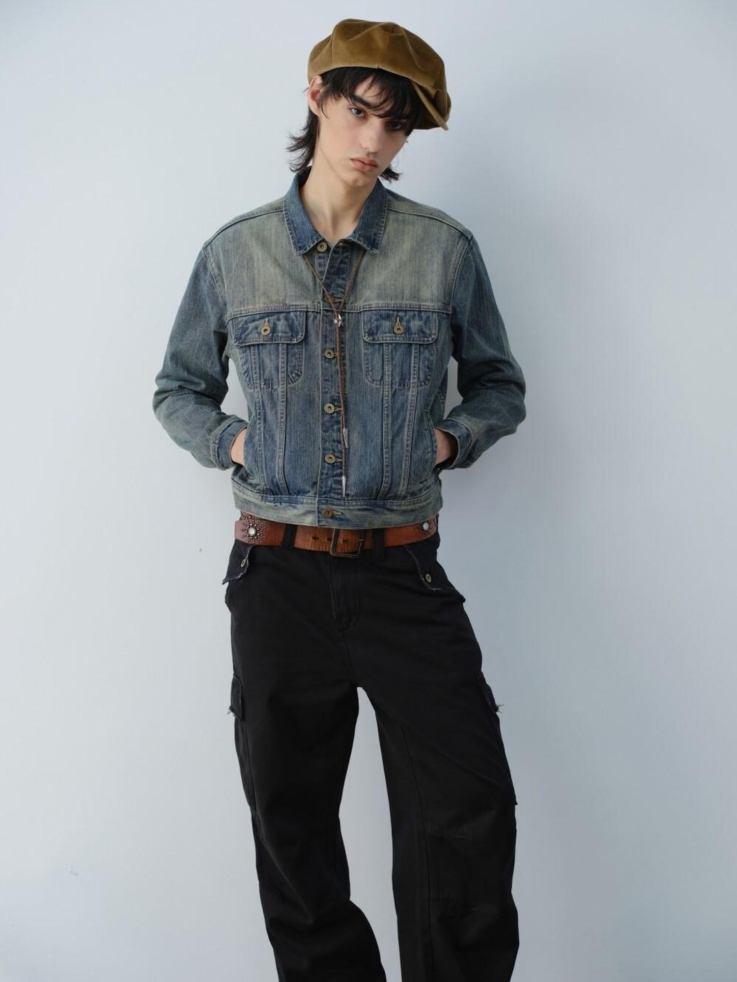 VLABMADE Durable 100 Percent Cotton Ribbed Hem Cropped Retro Mens Casual Trucker Jackets