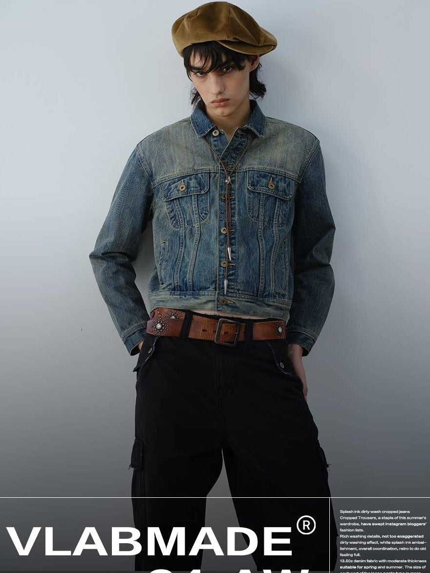 VLABMADE Durable 100 Percent Cotton Ribbed Hem Cropped Retro Mens Casual Trucker Jackets