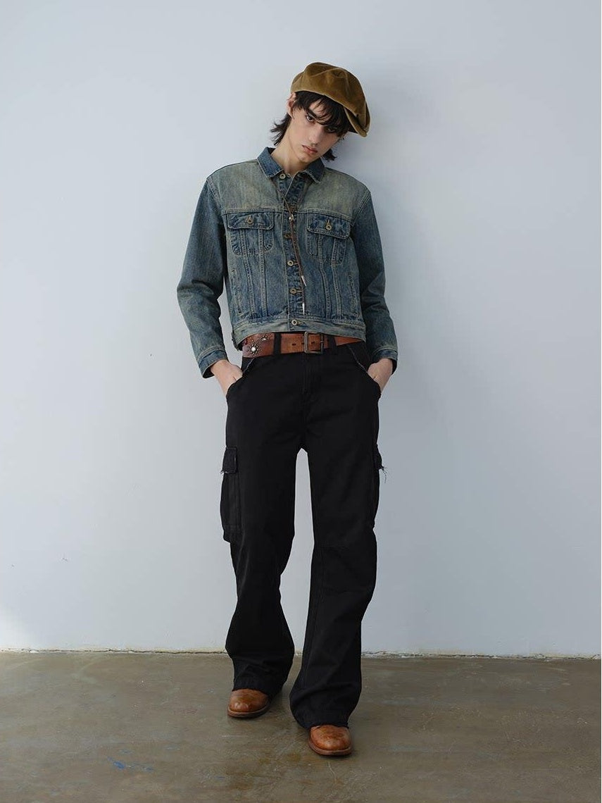 VLABMADE Durable 100 Percent Cotton Ribbed Hem Cropped Retro Mens Casual Trucker Jackets