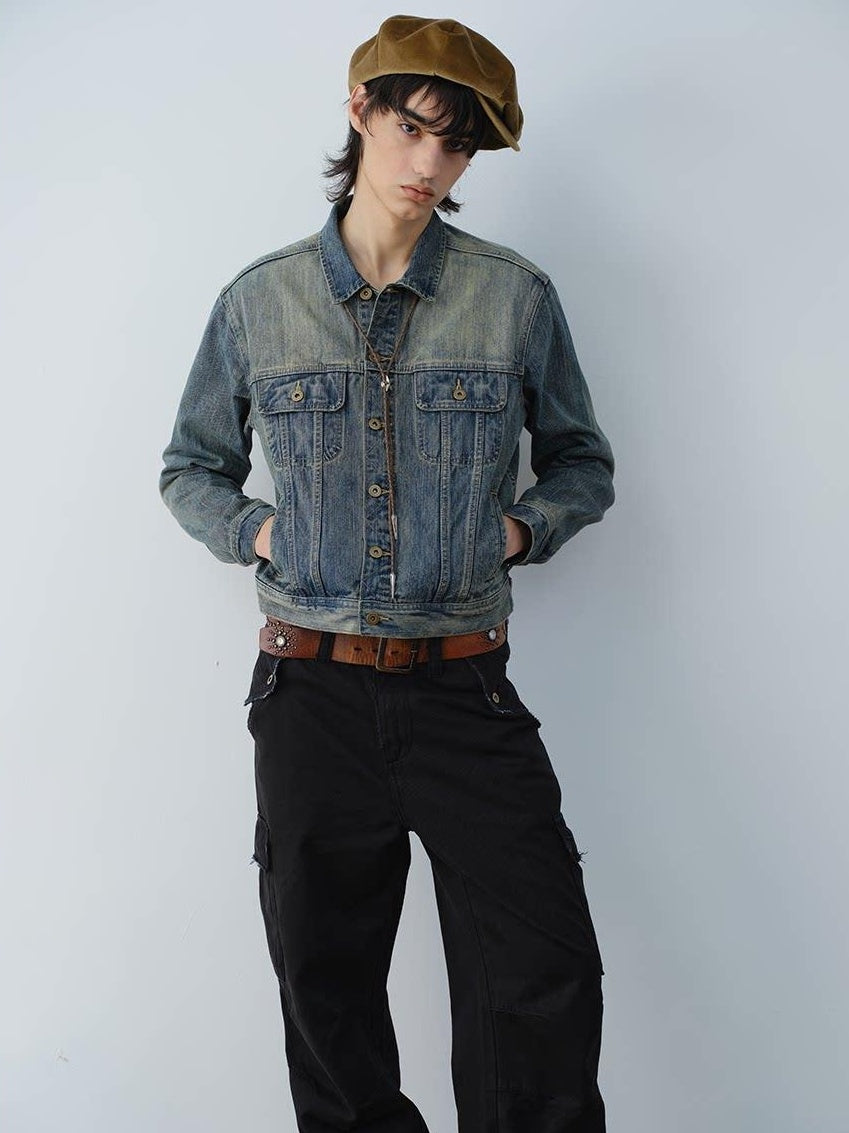 VLABMADE Durable 100 Percent Cotton Ribbed Hem Cropped Retro Mens Casual Trucker Jackets