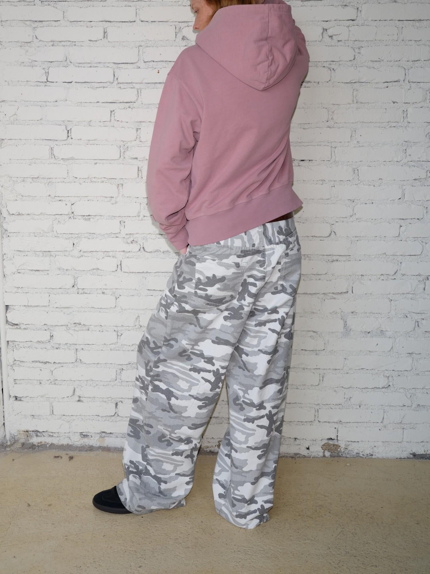 VLABMADE Durable Cotton White Camo Washed Oversized Midrise Pockets Street Wide-Leg Jeans