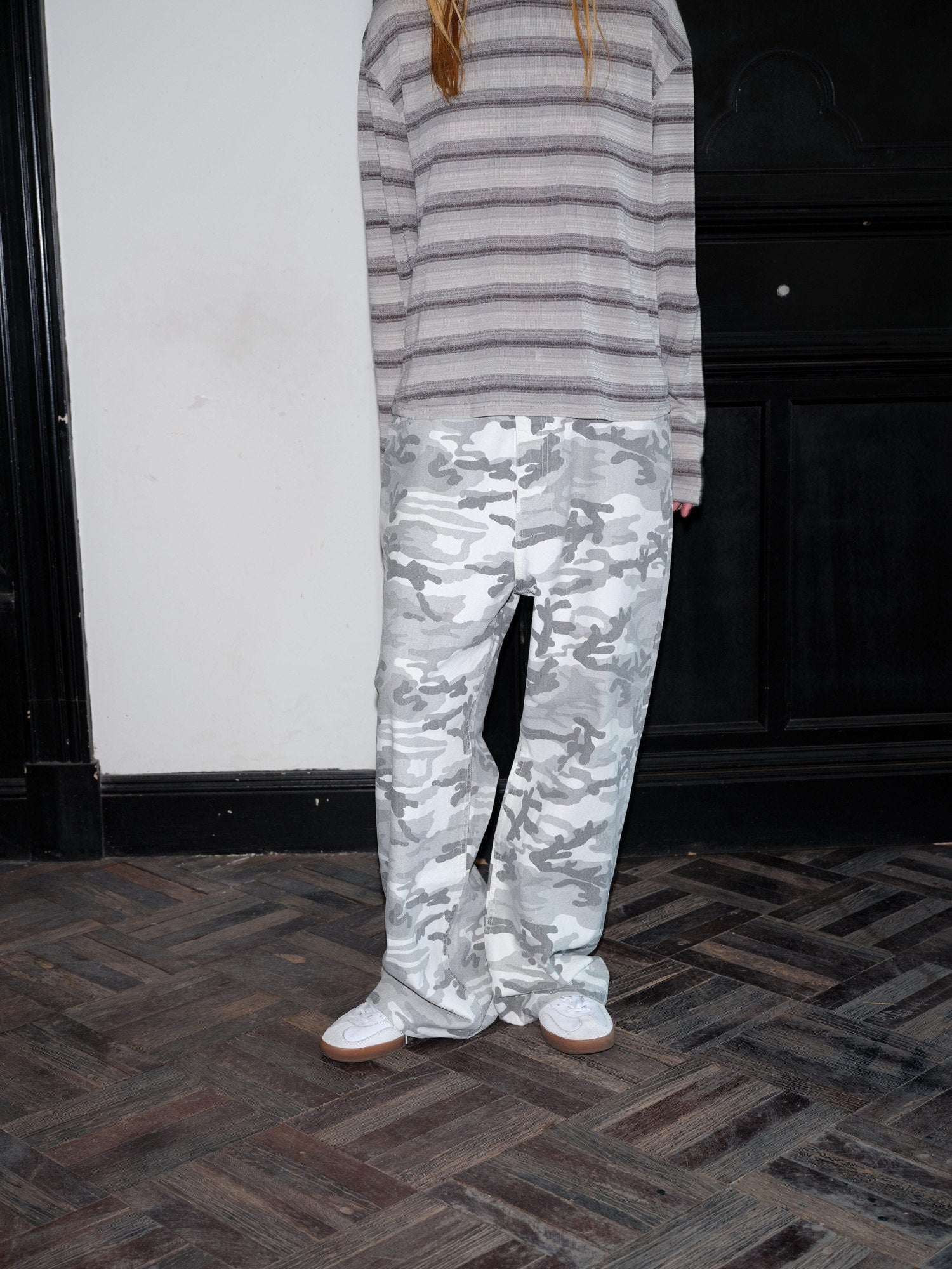 VLABMADE Durable Cotton White Camo Washed Oversized Midrise Pockets Street Wide-Leg Jeans