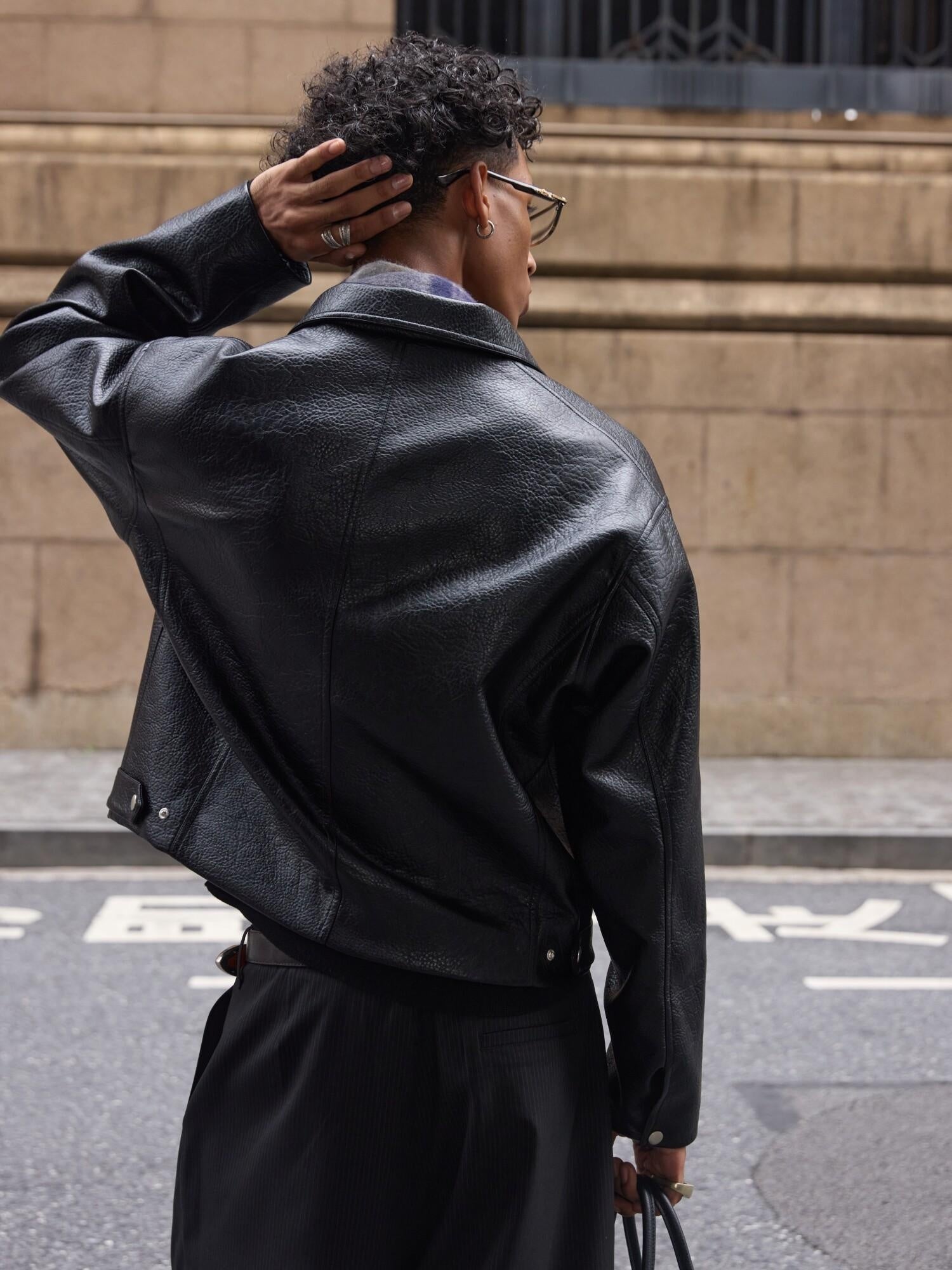 VLABMADE Durable Silky Pu Cropped Oversized Zipper Unisex Black Leather Jackets