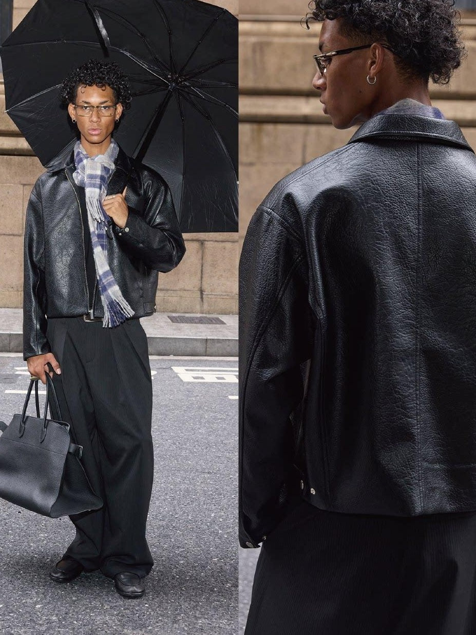 VLABMADE Durable Silky Pu Cropped Oversized Zipper Unisex Black Leather Jackets