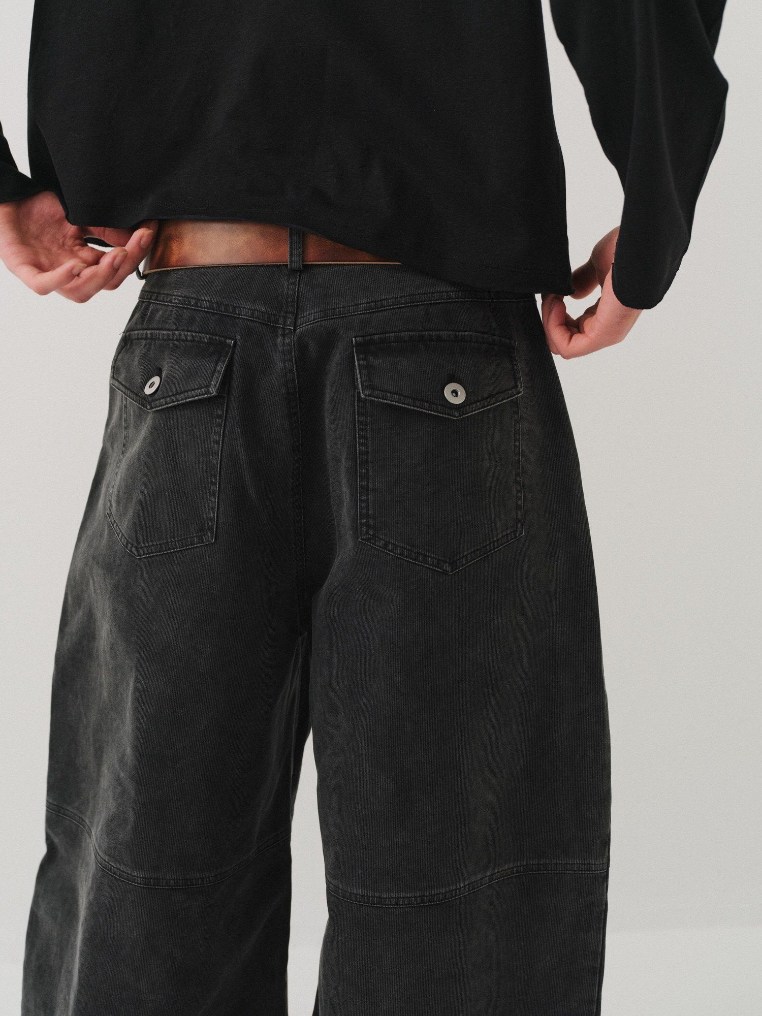 VLABMADE Durable Washed Distressed Utility Midrise Unisex Cotton Topstitch Wide-Leg Jeans