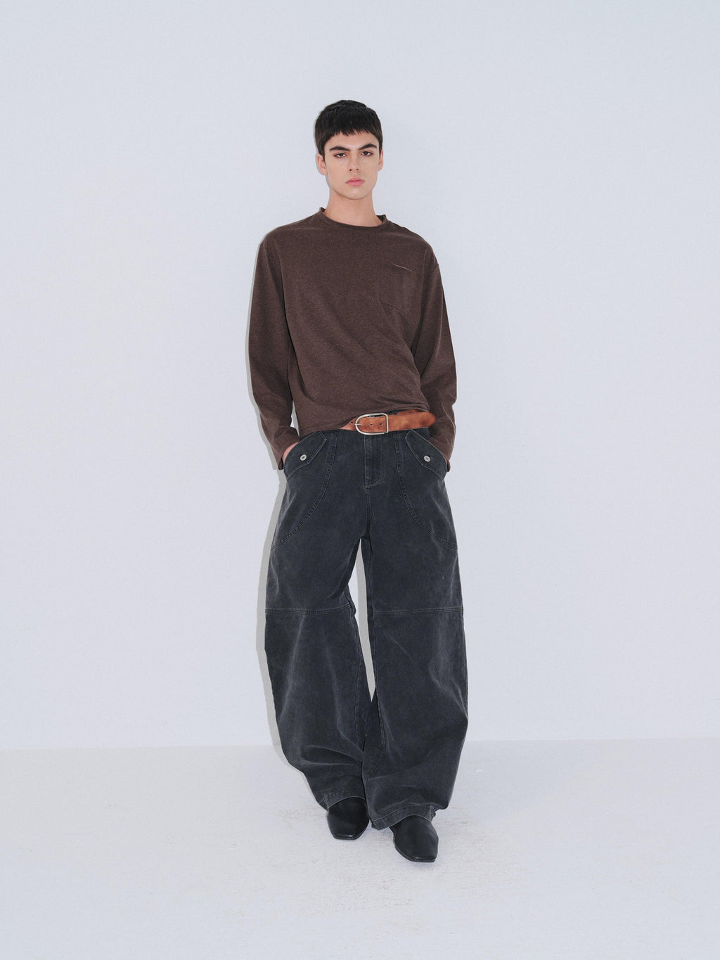 VLABMADE Durable Washed Distressed Utility Midrise Unisex Cotton Topstitch Wide-Leg Jeans