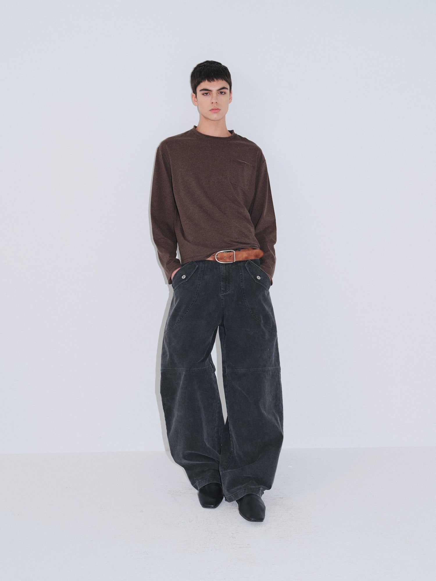 VLABMADE Durable Washed Distressed Utility Midrise Unisex Cotton Topstitch Wide-Leg Jeans