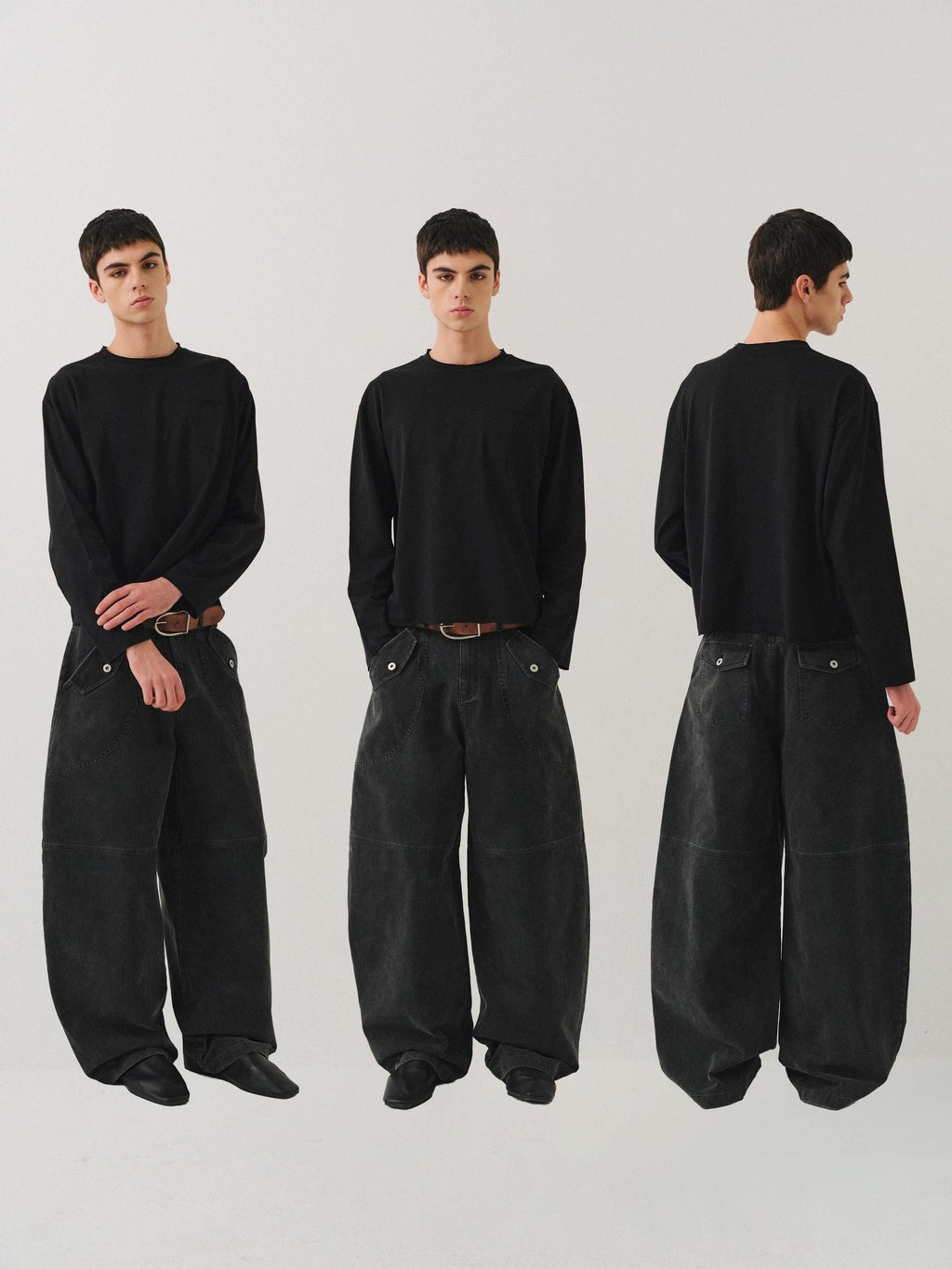 VLABMADE Durable Washed Distressed Utility Midrise Unisex Cotton Topstitch Wide-Leg Jeans