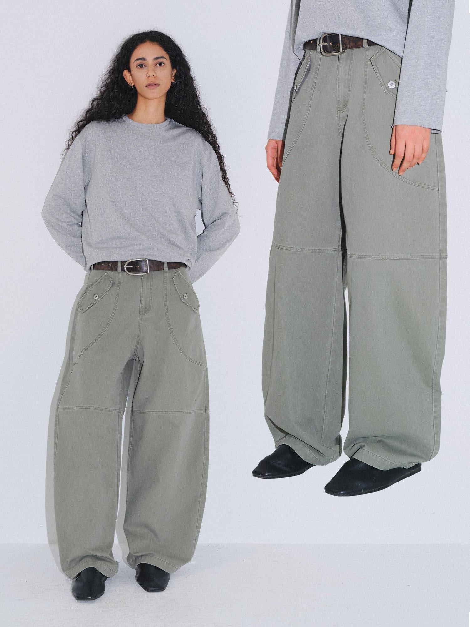 VLABMADE Durable Washed Distressed Utility Midrise Unisex Cotton Topstitch Wide-Leg Jeans