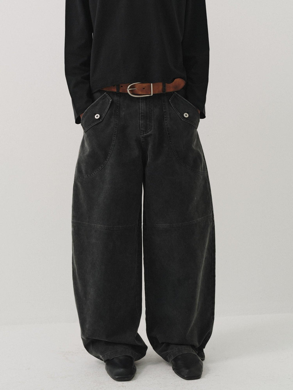 VLABMADE Durable Washed Distressed Utility Midrise Unisex Cotton Topstitch Wide-Leg Jeans