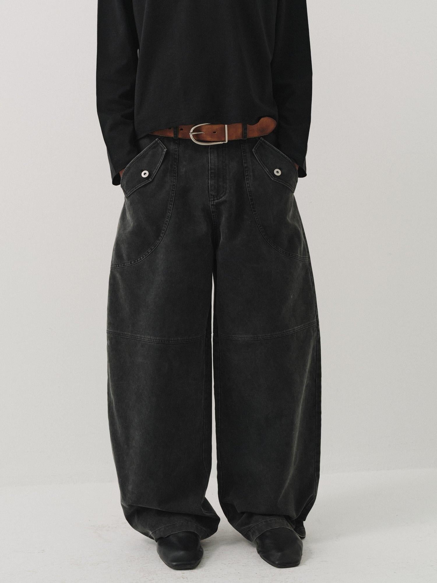 VLABMADE Durable Washed Distressed Utility Midrise Unisex Cotton Topstitch Wide-Leg Jeans