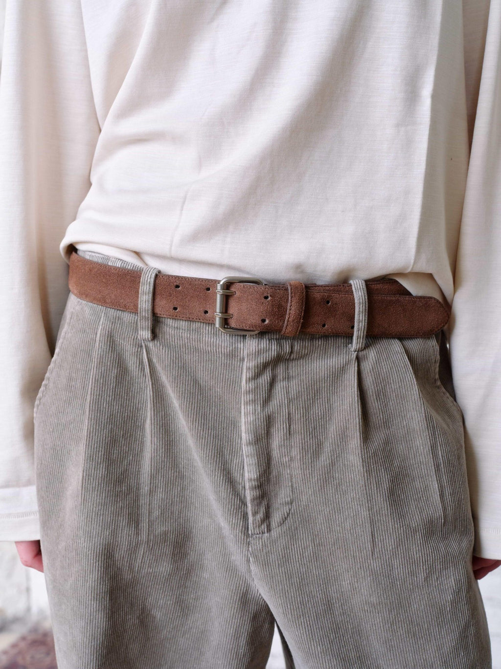 VLABMADE Genuine Cowhide Suede Vintage Metal Buckle Unisex Brown Leather Belts