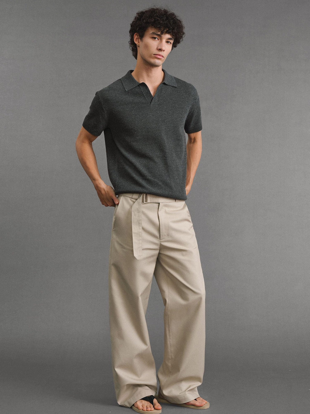 VLABMADE Khaki Cotton Blend Mid Rise Belted Relaxed Unisex Straight-Leg Casual Trousers