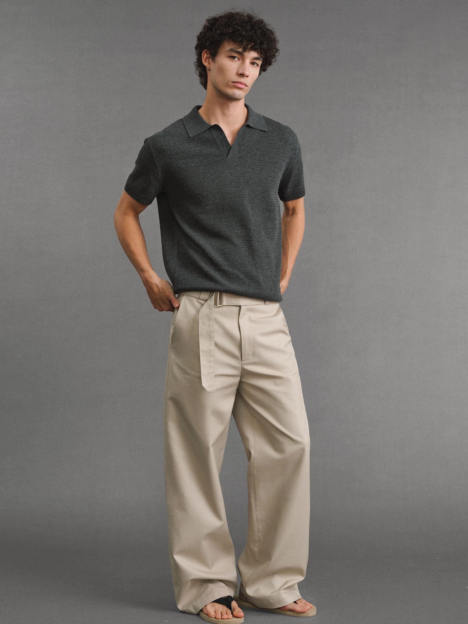 VLABMADE Khaki Cotton Blend Mid Rise Belted Relaxed Unisex Straight-Leg Casual Trousers