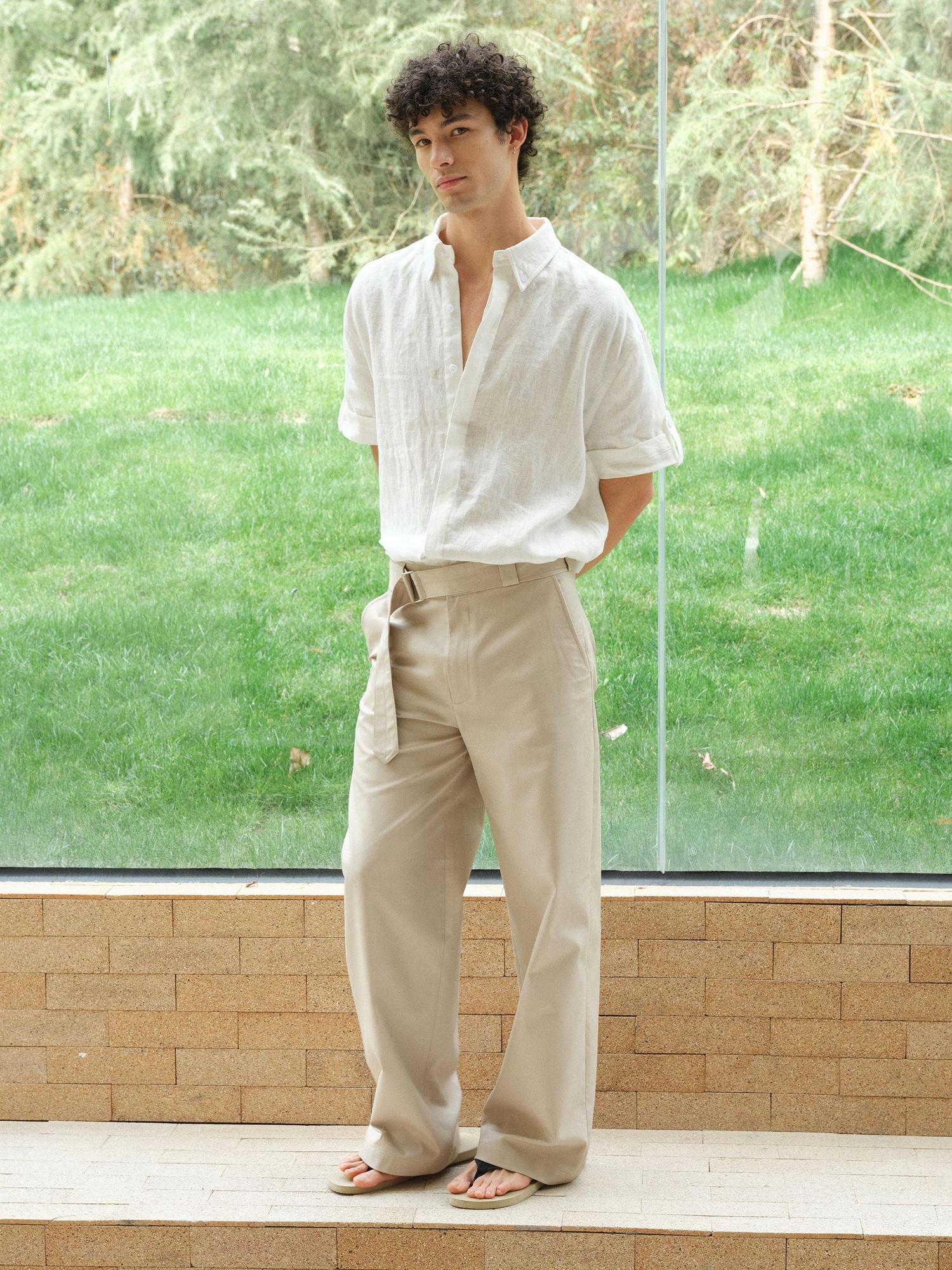VLABMADE Khaki Cotton Blend Mid Rise Belted Relaxed Unisex Straight-Leg Casual Trousers