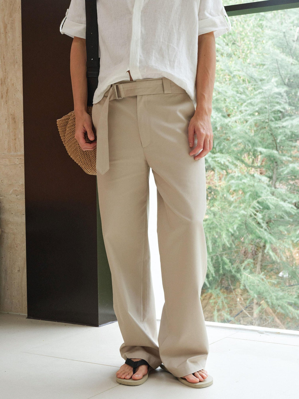 VLABMADE Khaki Cotton Blend Mid Rise Belted Relaxed Unisex Straight-Leg Casual Trousers