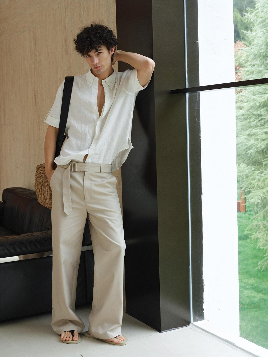 VLABMADE Khaki Cotton Blend Mid Rise Belted Relaxed Unisex Straight-Leg Casual Trousers
