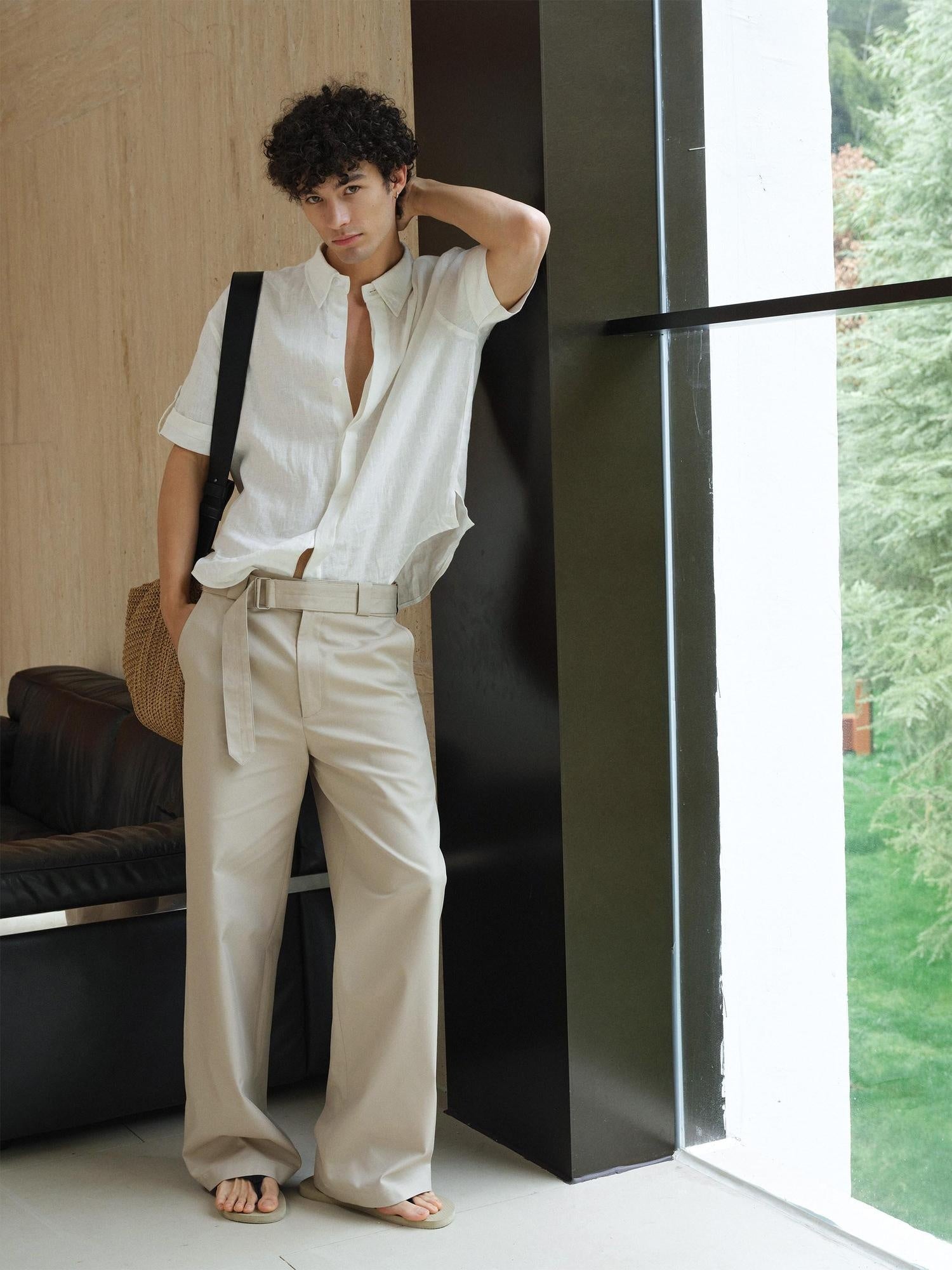 VLABMADE Khaki Cotton Blend Mid Rise Belted Relaxed Unisex Straight-Leg Casual Trousers