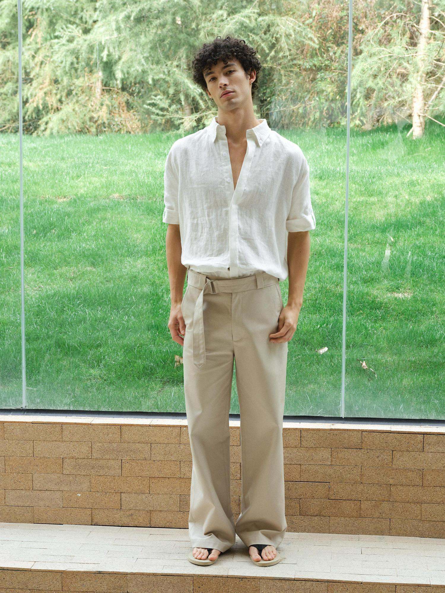 VLABMADE Khaki Cotton Blend Mid Rise Belted Relaxed Unisex Straight-Leg Casual Trousers