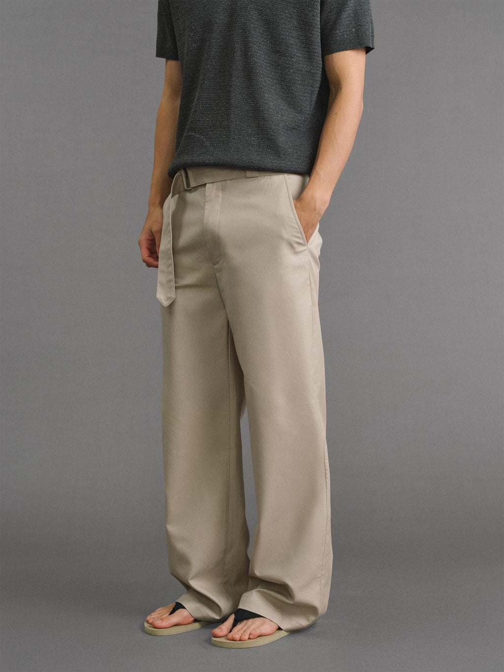VLABMADE Khaki Cotton Blend Mid Rise Belted Relaxed Unisex Straight-Leg Casual Trousers