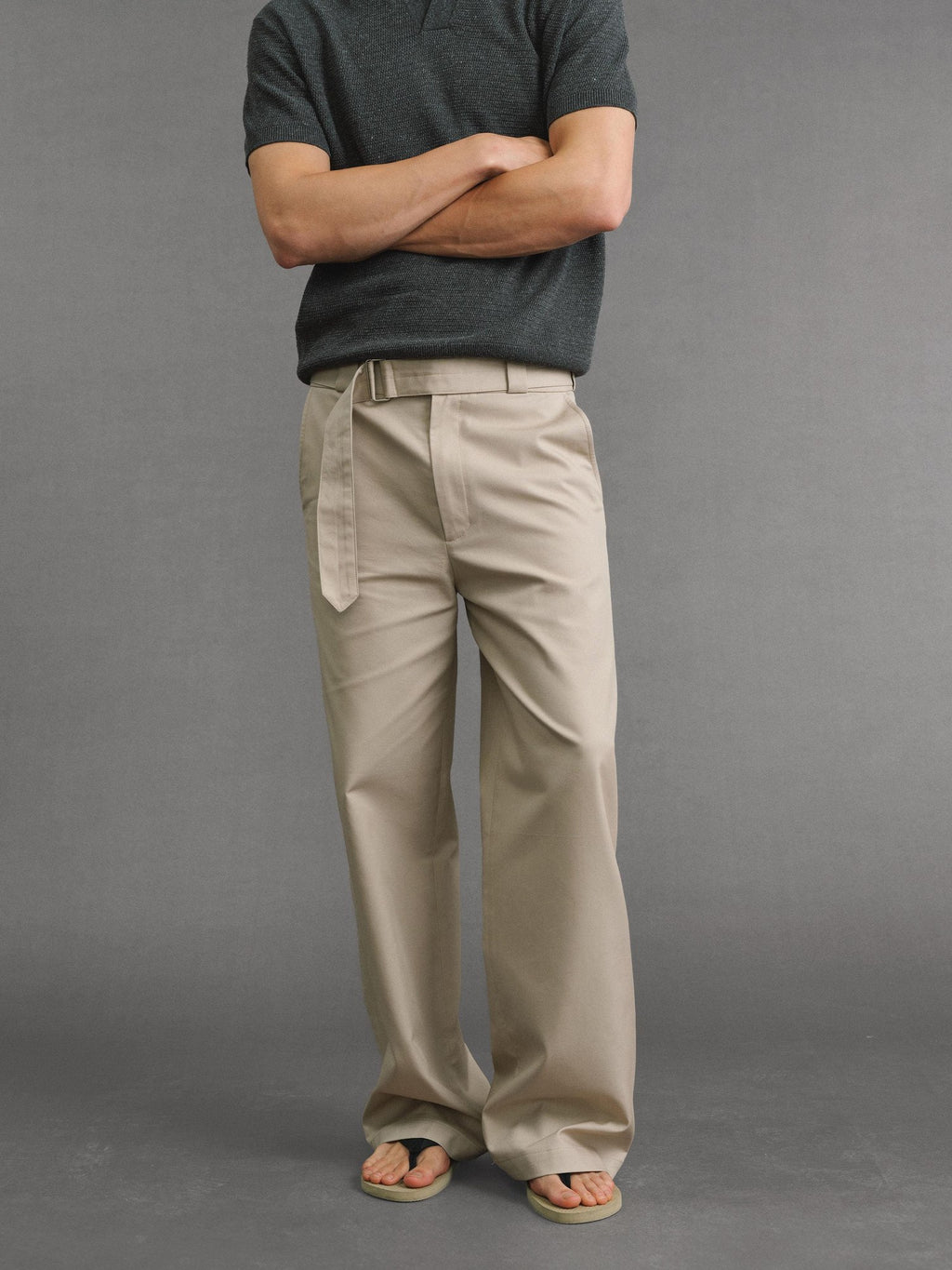 VLABMADE Khaki Cotton Blend Mid Rise Belted Relaxed Unisex Straight-Leg Casual Trousers