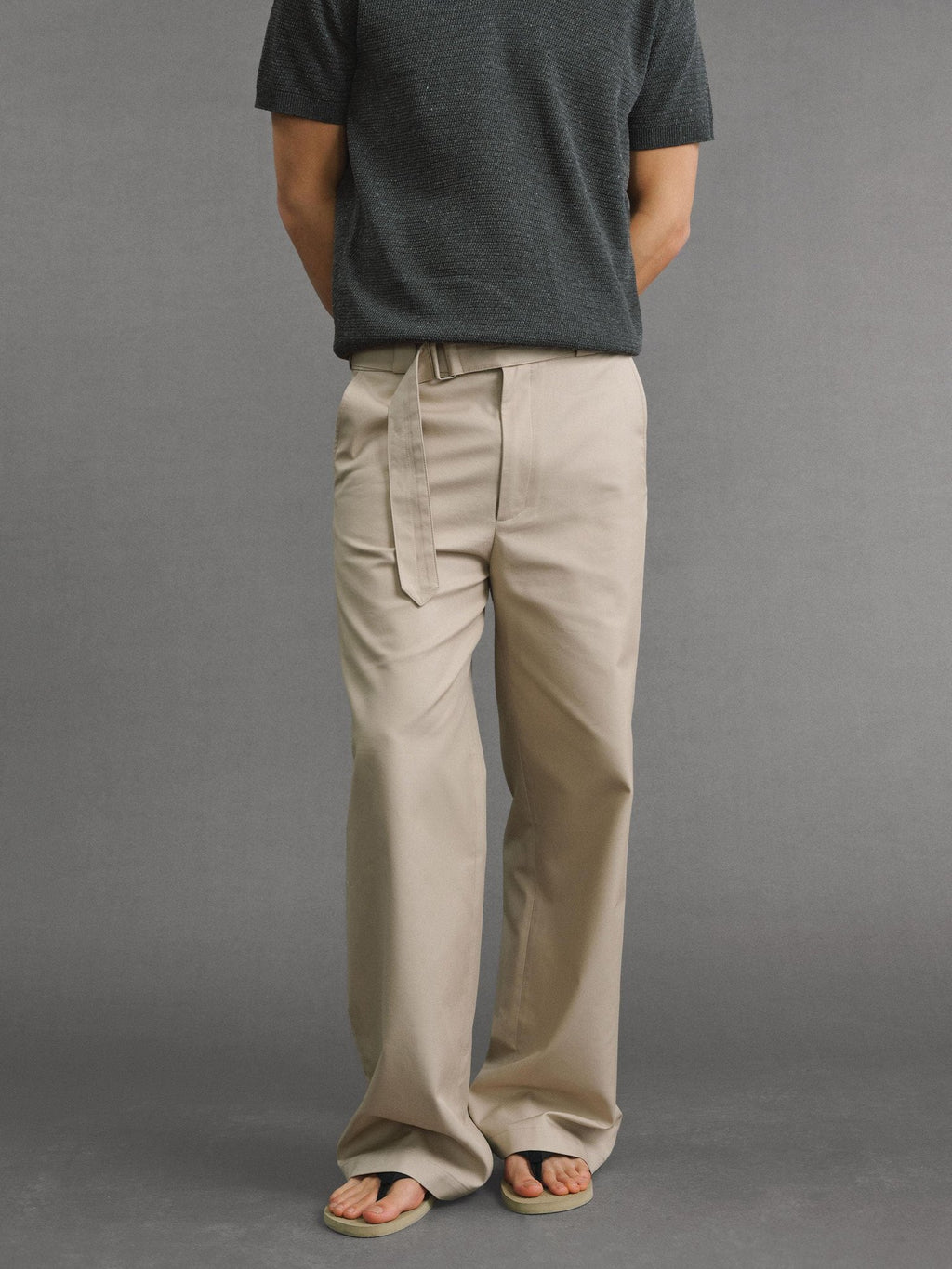 VLABMADE Khaki Cotton Blend Mid Rise Belted Relaxed Unisex Straight-Leg Casual Trousers