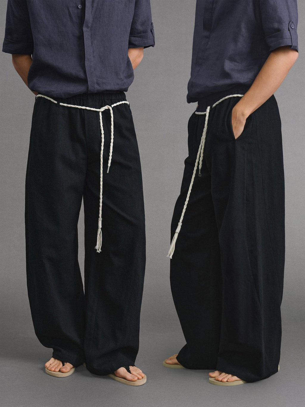 VLABMADE Lightweight Relaxed 3D Details Unisex Linen Cotton Barrel-Leg Casual Trousers