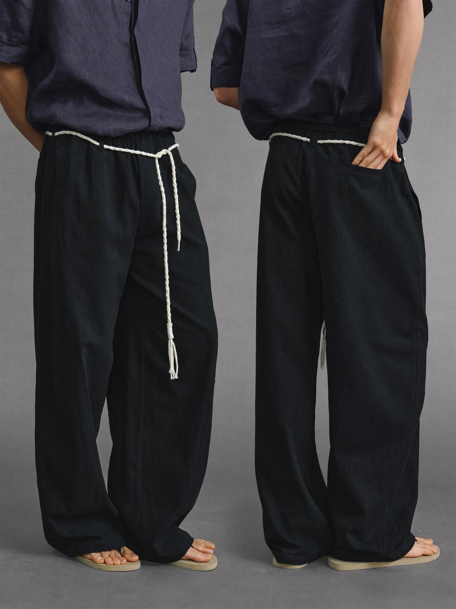 VLABMADE Lightweight Relaxed 3D Details Unisex Linen Cotton Barrel-Leg Casual Trousers
